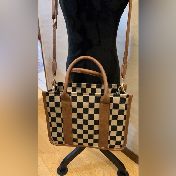 Elegant Canvas Checkered Crossbody with Top Handles Tan Leather - Picture 3 of 12